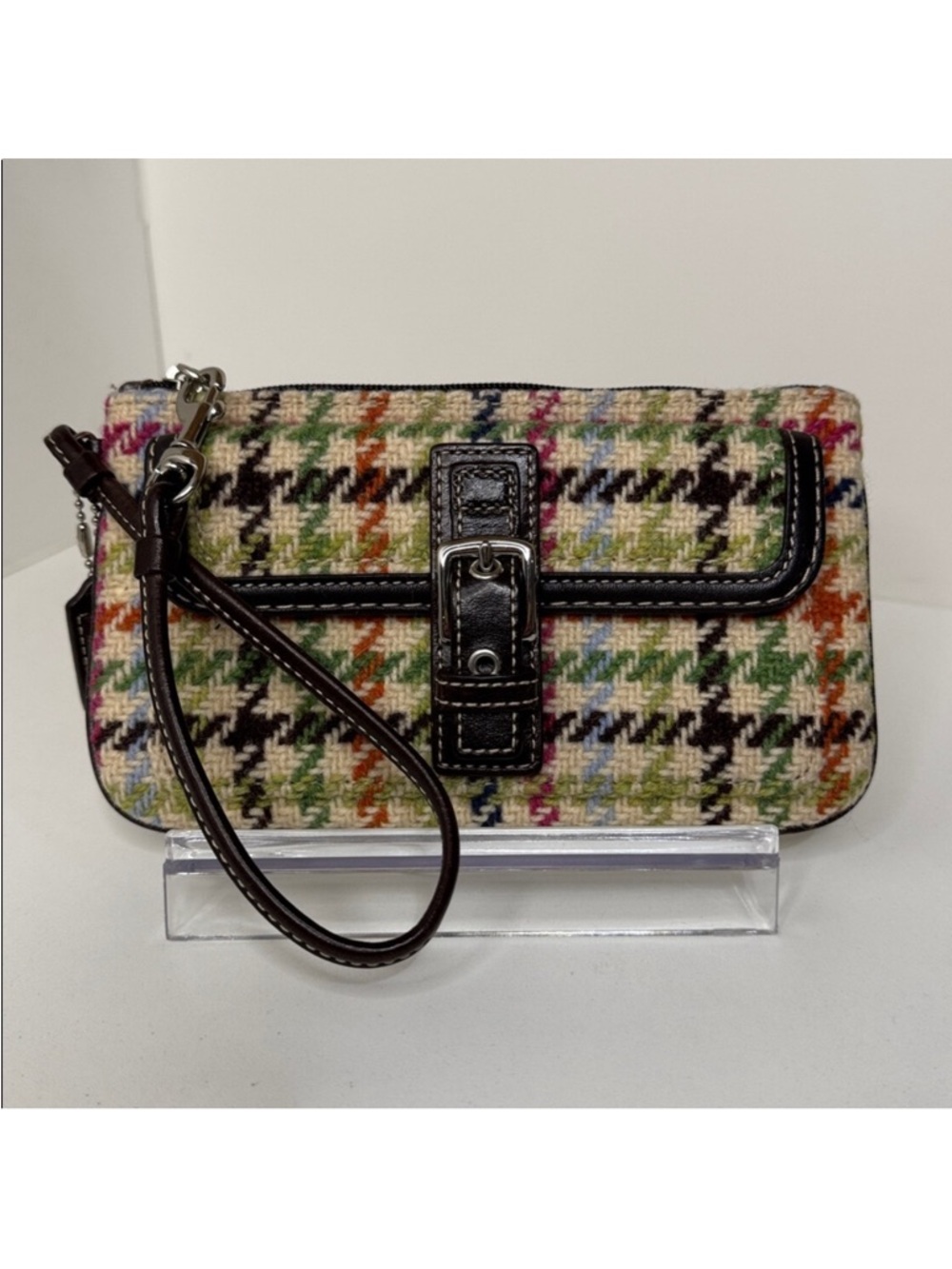 Coach Hampton TattersaMulticolor Tweed Houndstooth Wristlet with Dark Brown Trim